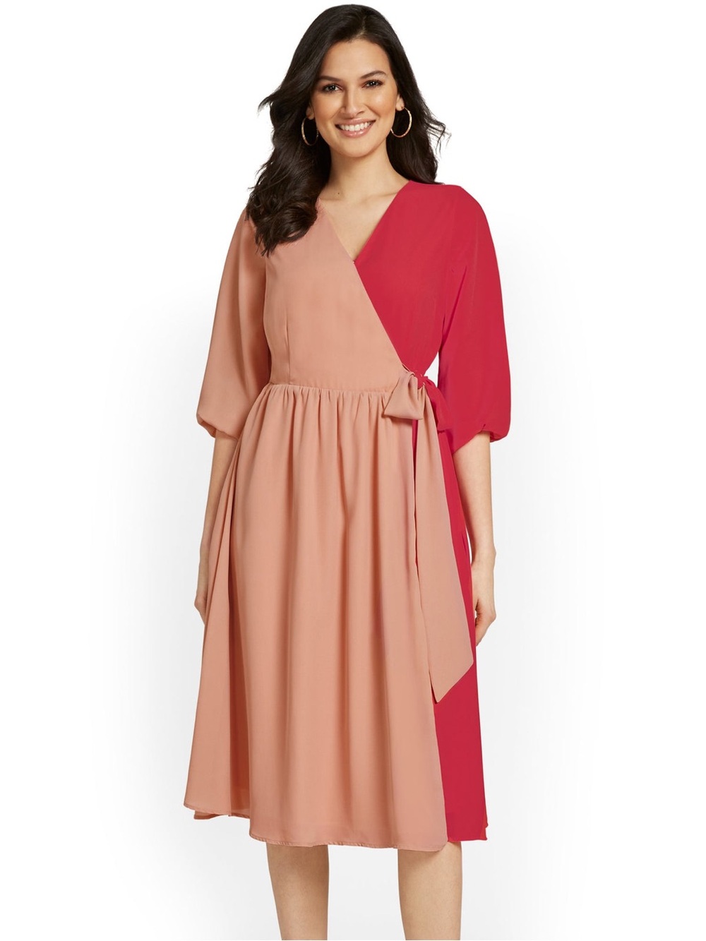 Women’s Two-Tone Peach & Coral Wrap Midi Dress